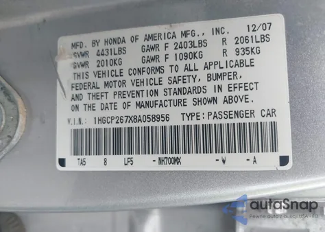 2008 Honda Accord 2.4 Ex z USA, uszkodzony, nr VIN 1HGCP267X8A058956